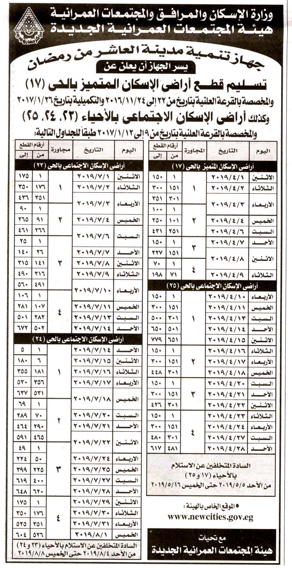 الإعلان عن بدء تسليم قطع أراضي يانصيب الإسكان المتميز والاجتماعي في بعض أحياء مدينة العاشر من رمضان تاريخ الإعلان 24 02 2019 تاريخ انتهاء الإعلان 08 08 2019 إعلانات الهيئة طرح 12 محلاً للبيع بالمزاد تحت عمارات إسكان مصر غرب جامعة دمياط التاريخ